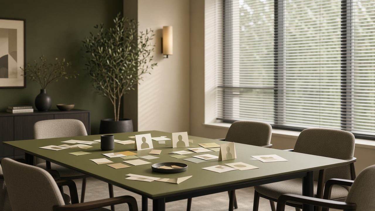 Meeting room with decision notes and role cards