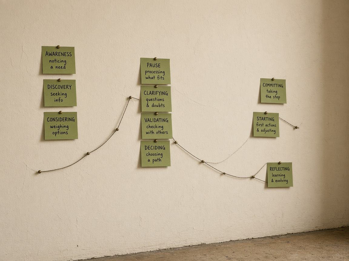 Sticky notes marking stalls in a buying journey