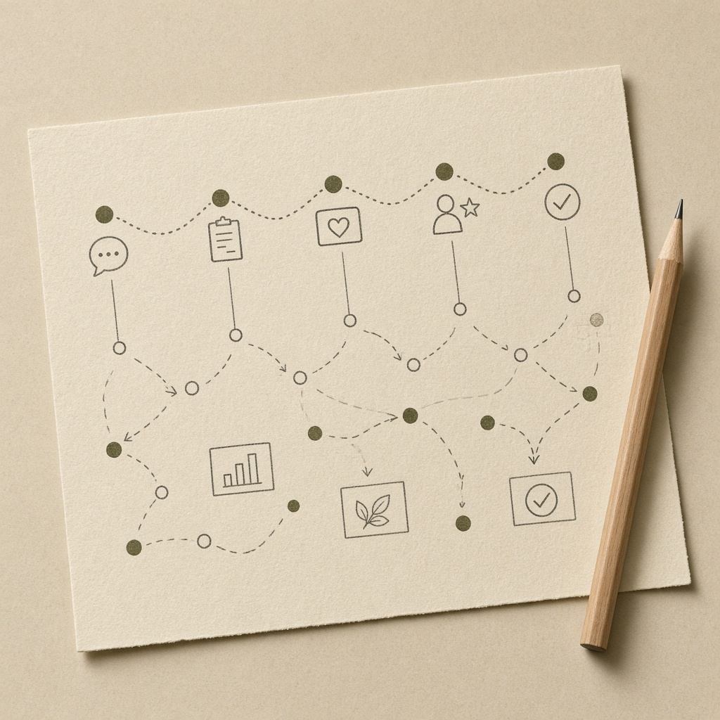 Hand-drawn touchpoint map on cream paper